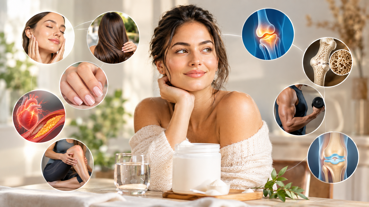 Woman surrounded by images illustrating skin, hair, and joint health